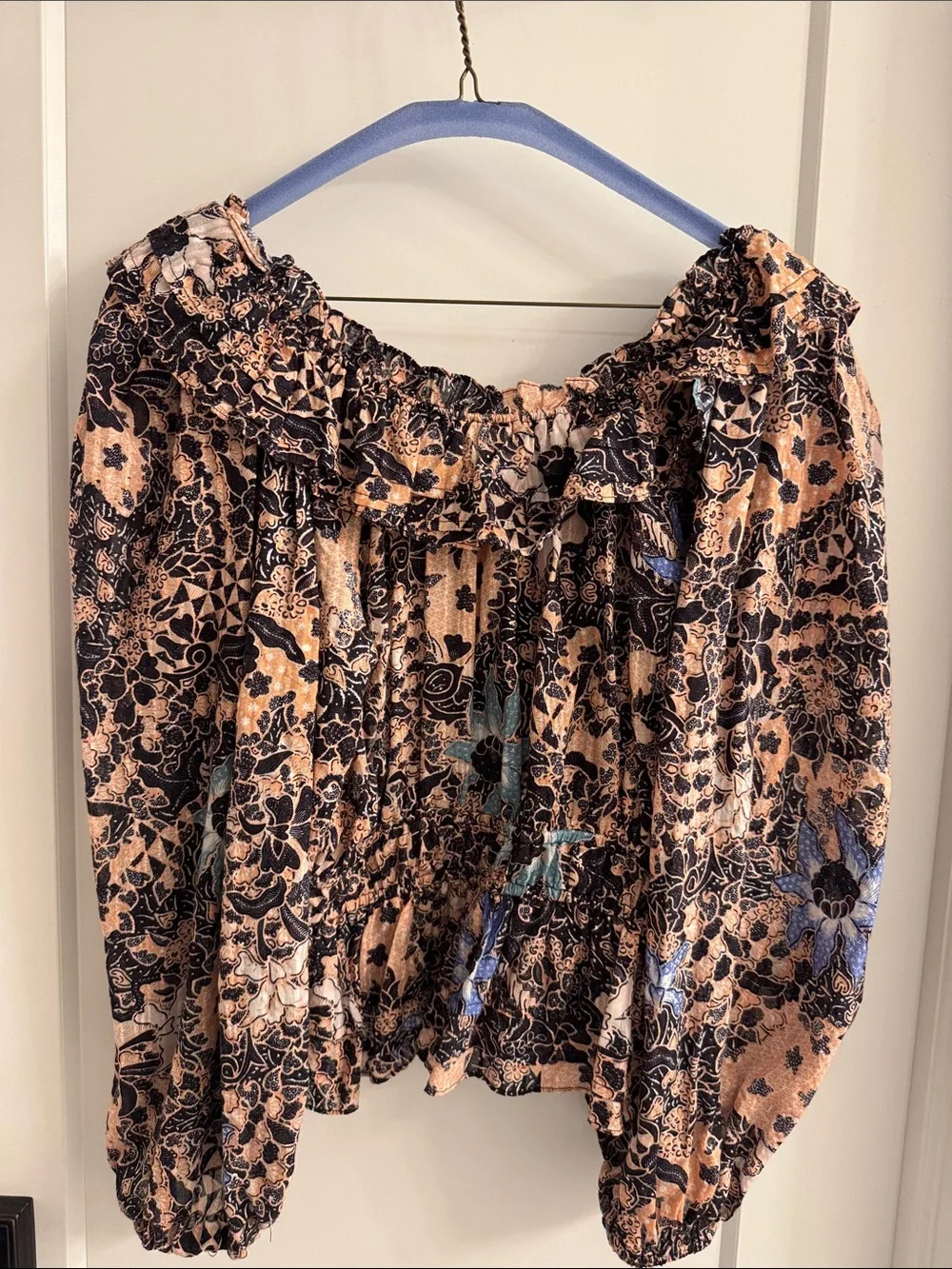 Ulla Johnson Peach and Blue Floral Smocked Peasant Blouse